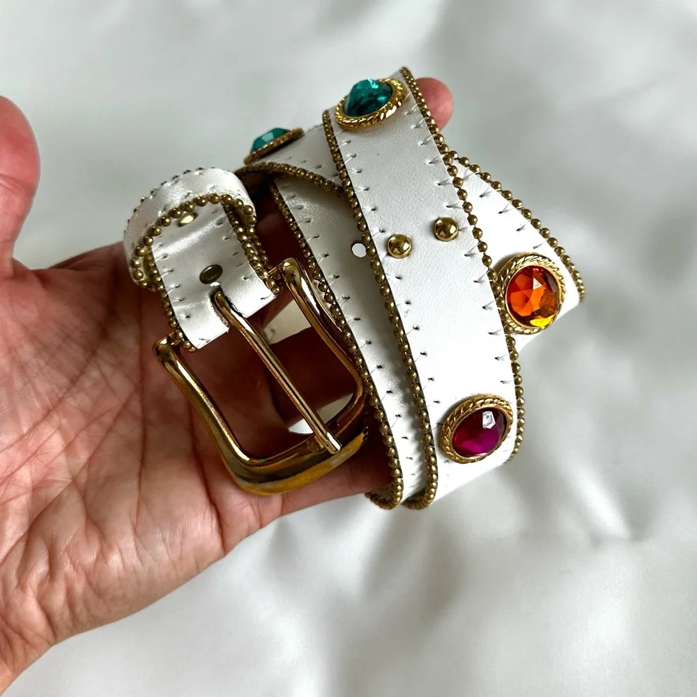 Vintage early 1990s Synthetic Jewel Embellished White Leather Waist Belt -Large